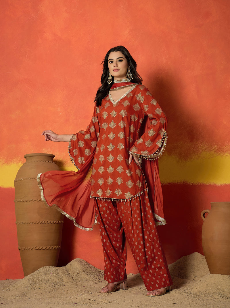Stylum Women's Gold Printed Rayon A-Line Kurti Farshi Salwar With Dupatta