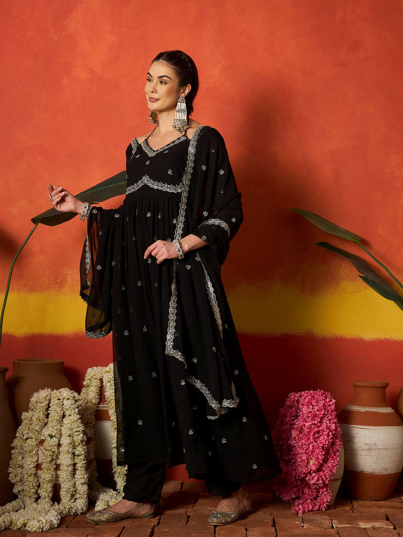 Stylum Women's Black Solid & Embroidered Georgette Anarkali Kurta Pant With Dupatta