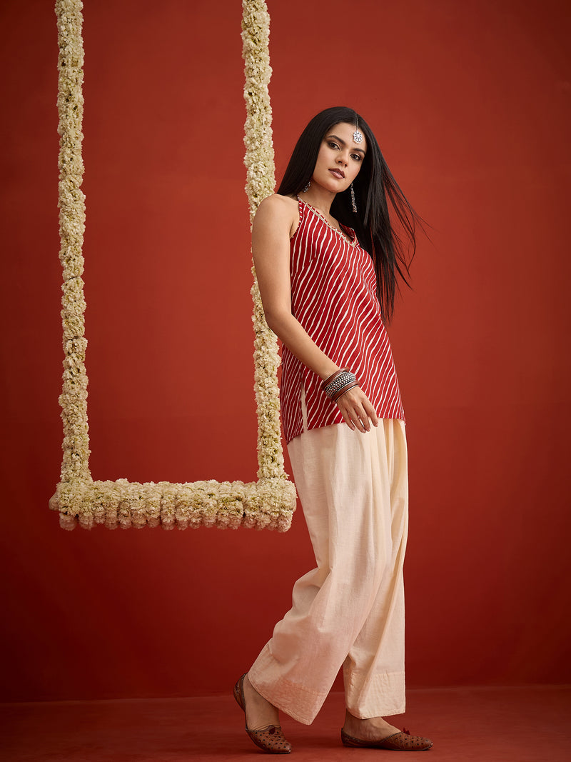 Stylum Women's Leheriya Printed Cotton Straight Short Kurti With Farshi Salwar