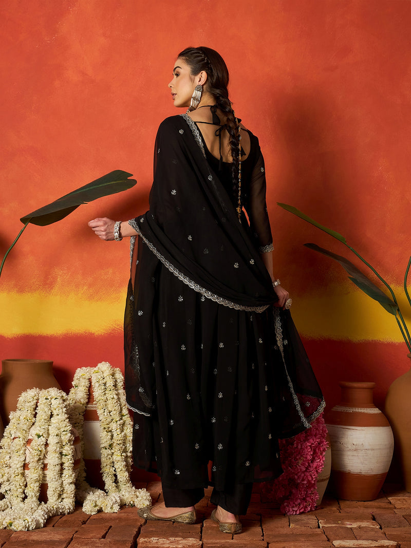 Stylum Women's Black Solid & Embroidered Georgette Anarkali Kurta Pant With Dupatta