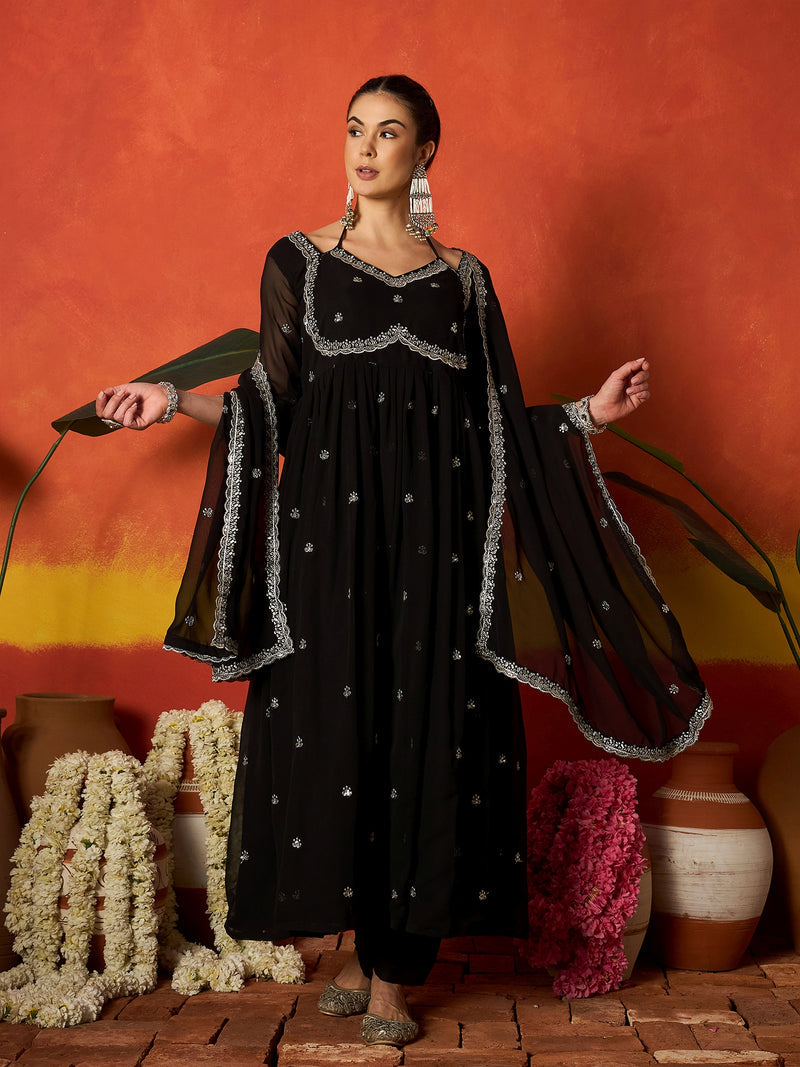 Stylum Women's Black Solid & Embroidered Georgette Anarkali Kurta Pant With Dupatta