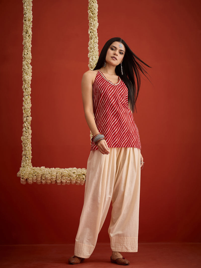 Stylum Women's Leheriya Printed Cotton Straight Short Kurti With Farshi Salwar