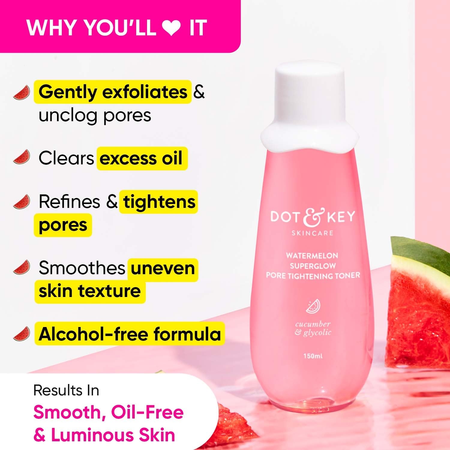 DOT & KEY Watermelon Superglow Pore Tightening Toner|Face Toner For Glowing Skin|Glycolic Toner For Open Pores Tightening|Alcohol Free, Toner For Uneven Skin Tone|For All Skin Types|150 Ml, Pack of 1