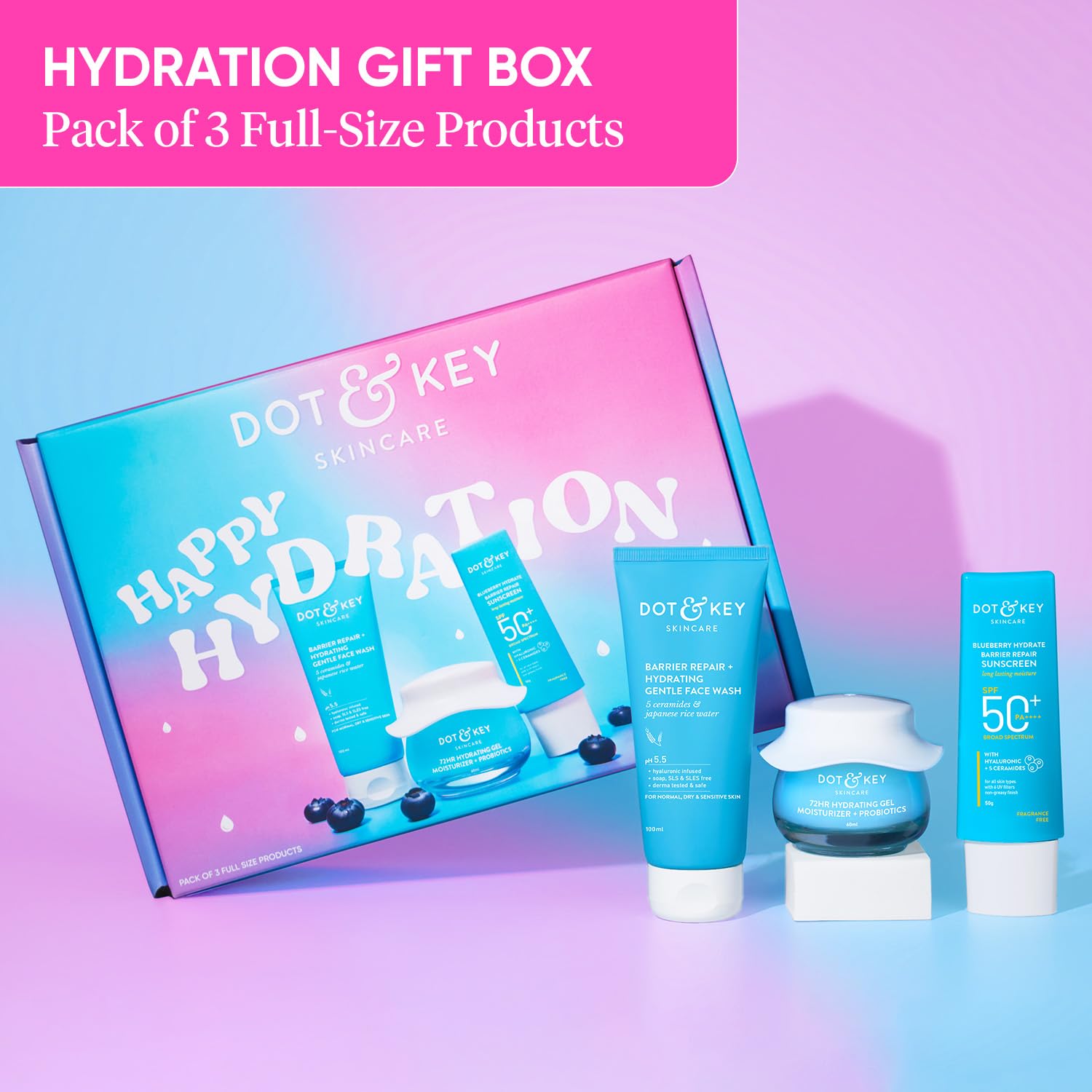 Dot & Key Hydration Essentials | Premium Facial Gift Set for Women & Men | All Skin Types | Pack of 3 | Cleanser, Sunscreen & Moisturizer | Gift For Her & Him | Premium Packaging