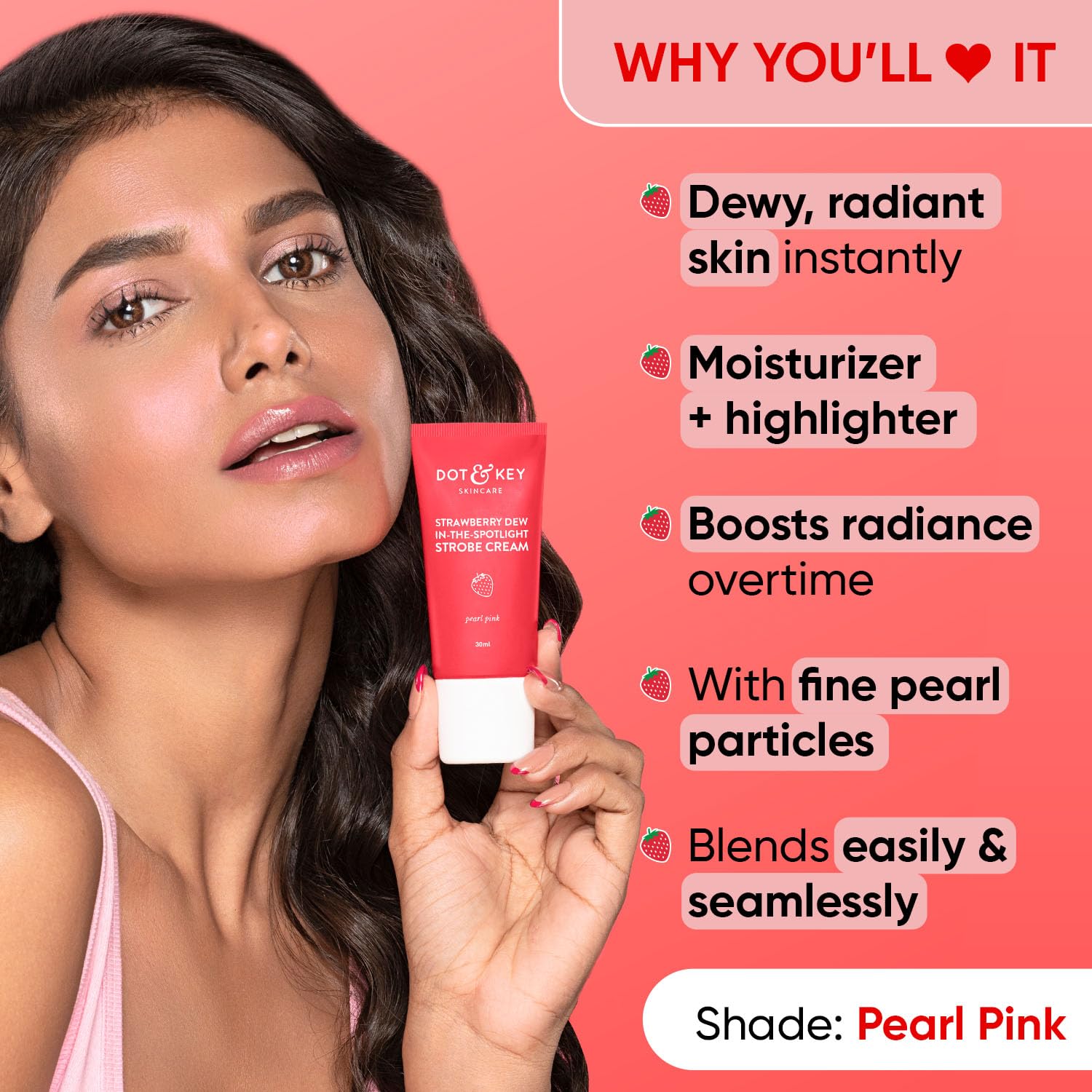 DOT & KEY Strawberry Dew Strobe Cream For Face Skin Radiance Cream | Moisturizer & Highlighter For Face | For Dewy Glazed Instant Glow | Boosts Hydration | For All Skin Types | For Women & Men | 30Ml