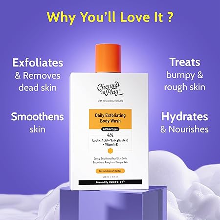 Chemist At Play Exfoliating Body Wash 473ml | 4% (Salicylic Acid, Vitamin E and Lactic Acid) | Paraben & SLS Free | Gentle Exfoliating Shower Gel | Removes Tan| Prevents Dry, Rough, Bumpy Skin | Men & Women