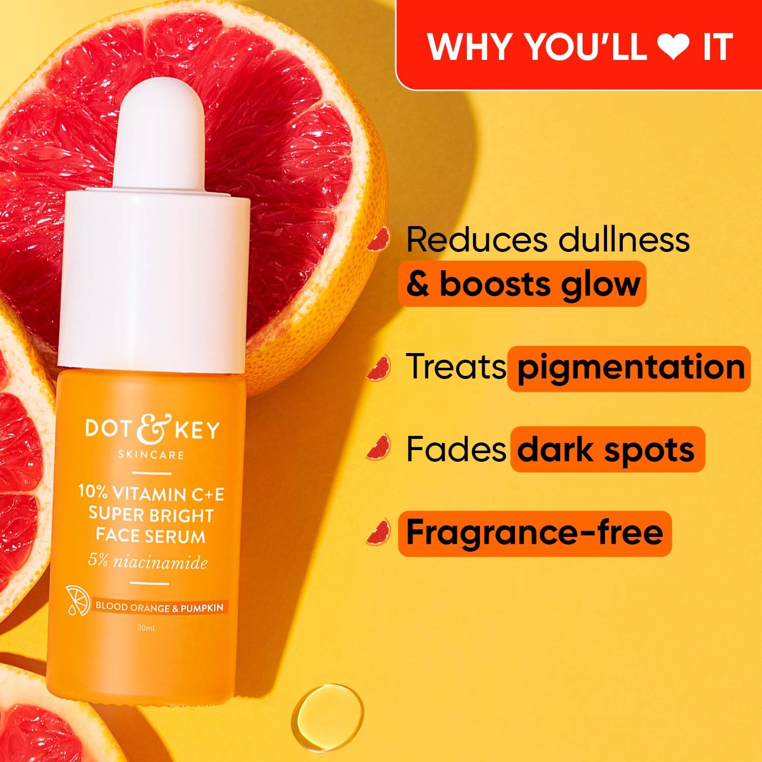 Dot & Key 10% Vitamin C + E, 5% Niacinamide Serum | Vitamin C Serum For Glowing Skin | Fades Dark Spots | Vit C Serum with Blood Orange & Pumpkin | For Uneven & Dull Skin | For All Skin Types | 30ml