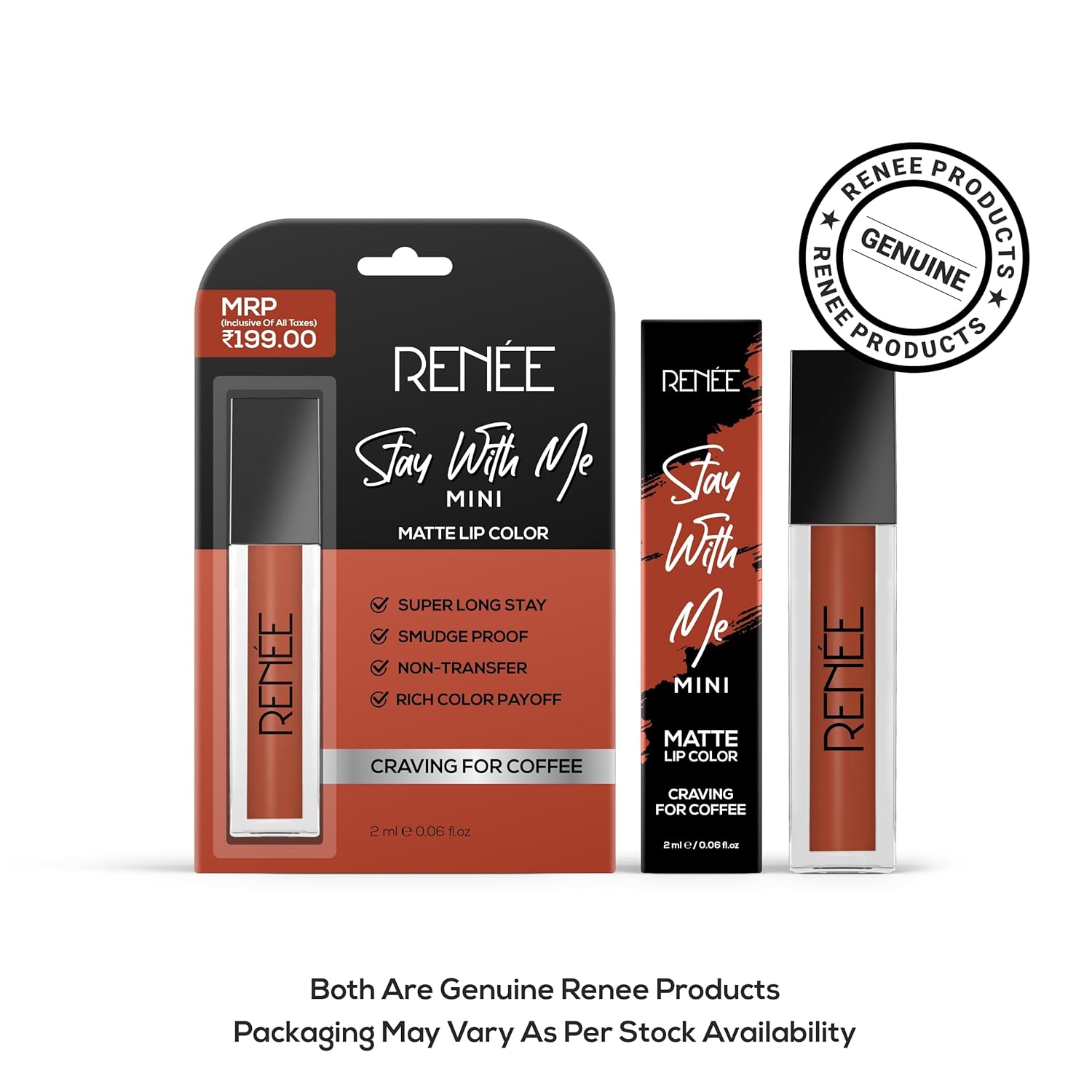 RENEE Stay With Me Mini Matte Lip Color, Long Lasting, Non Transfer, Water & Smudge Proof, Light Weight Liquid Lipstick, Craving for Coffee 2ml