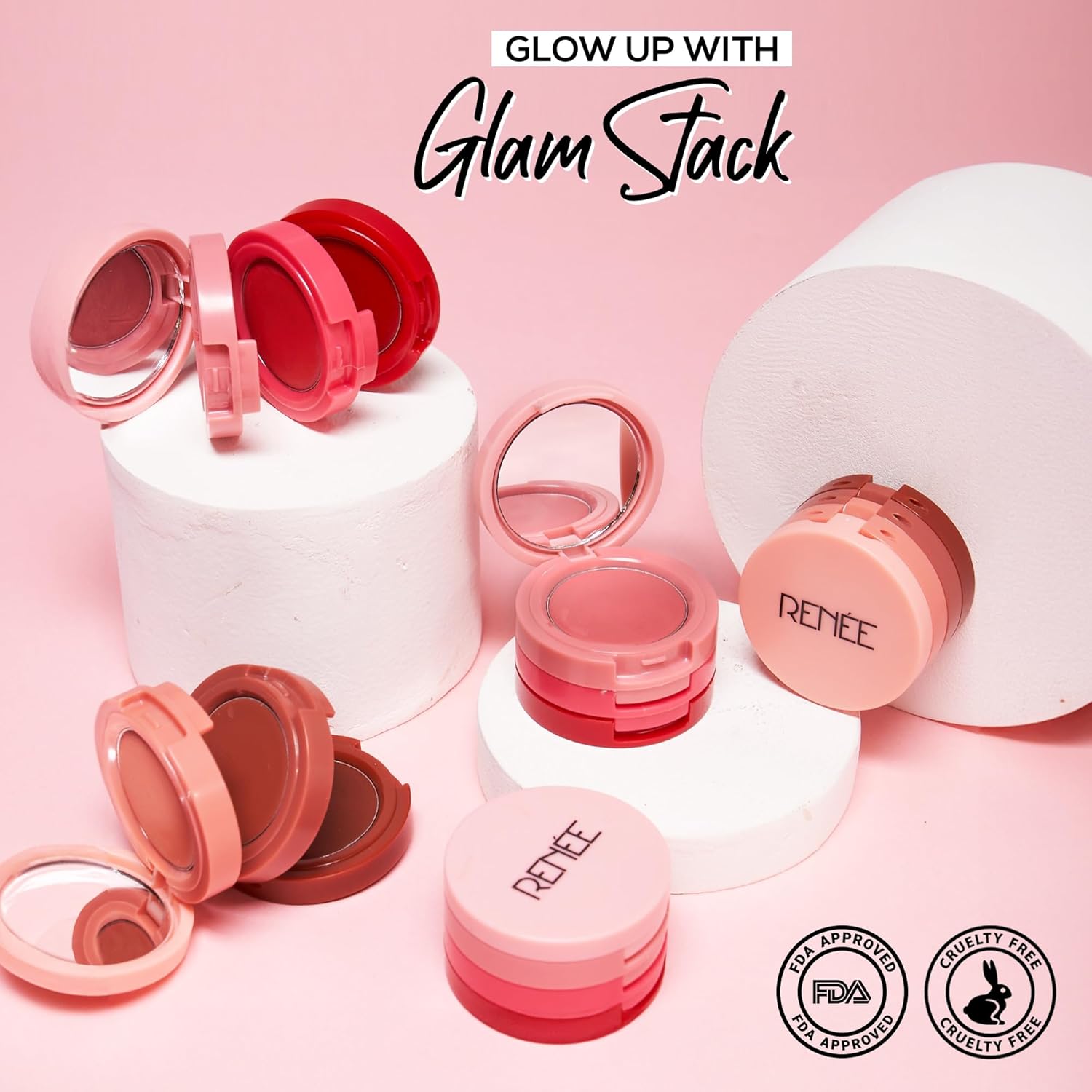 RENEE Glam Stack 3-In-1 Lip & Cheek Tint - Pink 4.5g - 3 Shades in 1, Rich Creamy Natural Seamless Finish, Smooth & Blendable Formula - Travel Friendly, Quick & Easy to Use