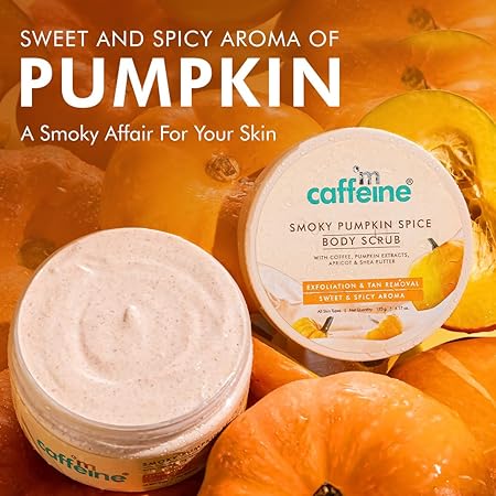 mCaffeine Smoky Pumpkin Spice Body Scrub for Glowing Skin| Coffee, Pumpkin Extracts, Apricot & Shea Butter | Exfoliate, Remove Tan, Nourish, Moisturize | Sweet & Spicy Aroma for Men & Women - 175g