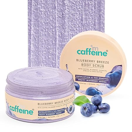 mCaffeine Blueberry Breeze Body Scrub for Glowing Skin with Coffee, Blueberry, Apricot & Shea Butter | Exfoliates, Removes Tan, Nourishes, Moisturizes | Exfoliating Scrub | Fruity Blueberry Aroma for Men & Women - 175g