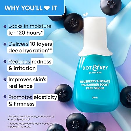 Dot & Key Blueberry Hydrate 12% Barrier Boost Face Serum | Reduces Redness & Irritation | Instant boost in skin hydrations| For Uneven & Dull Skin | 30ml