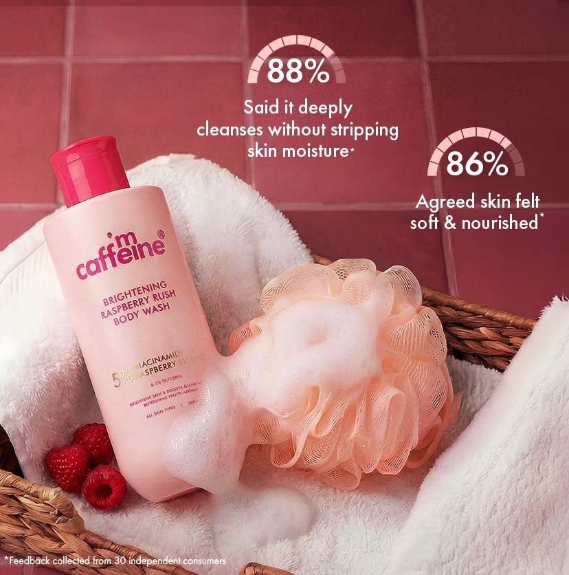 mCaffeine Brightening Raspberry SPF 50 PA+++ Body Sunscreen Lotion + Brightening Raspberry Body Wash (combo)