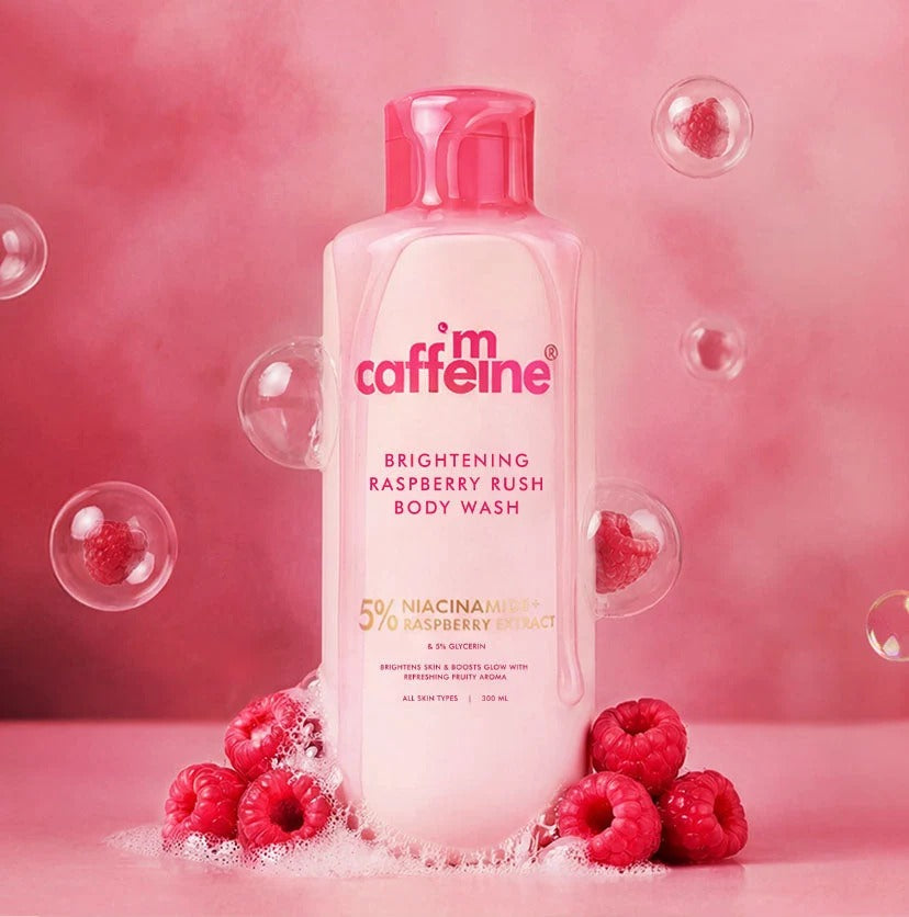 mCaffeine Brightening Raspberry SPF 50 PA+++ Body Sunscreen Lotion + Brightening Raspberry Body Wash (combo)
