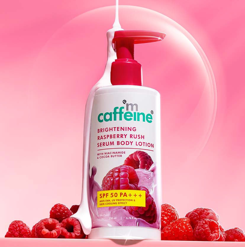 mCaffeine Brightening Raspberry SPF 50 PA+++ Body Sunscreen Lotion + Brightening Raspberry Body Wash (combo)