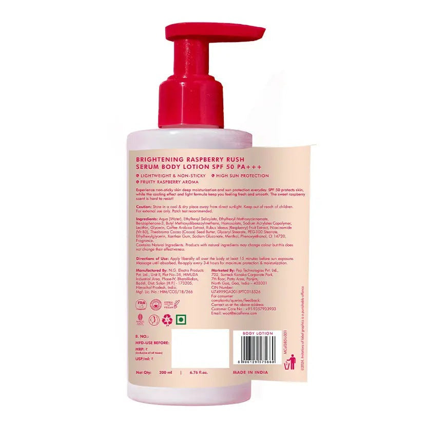 mCaffeine Brightening Raspberry SPF 50 PA+++ Body Sunscreen Lotion + Brightening Raspberry Body Wash (combo)