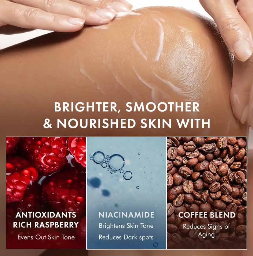 mCaffeine Brightening Raspberry SPF 50 PA+++ Body Sunscreen Lotion + Brightening Raspberry Body Wash (combo)