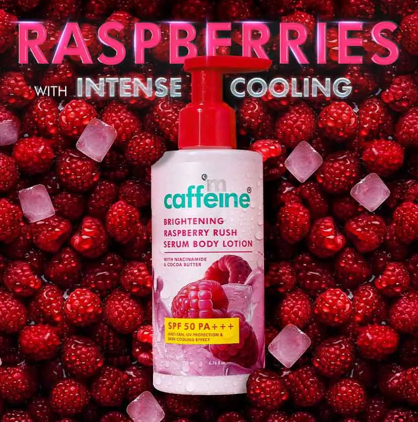 mCaffeine Brightening Raspberry SPF 50 PA+++ Body Sunscreen Lotion + Brightening Raspberry Body Wash (combo)