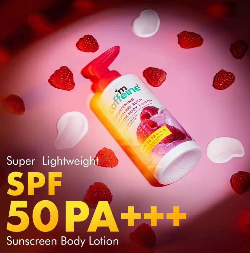mCaffeine Brightening Raspberry SPF 50 PA+++ Body Sunscreen Lotion + Brightening Raspberry Body Wash (combo)