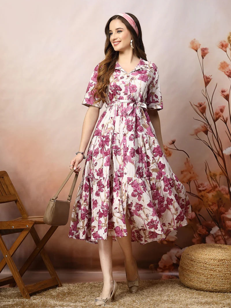 Stylum Women's Floral Printed Cotton Flared Dress - Magenta
