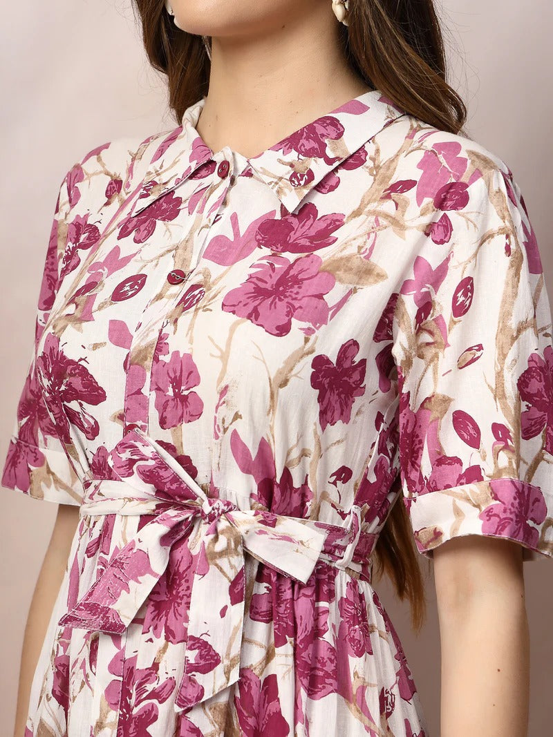 Stylum Women's Floral Printed Cotton Flared Dress - Magenta