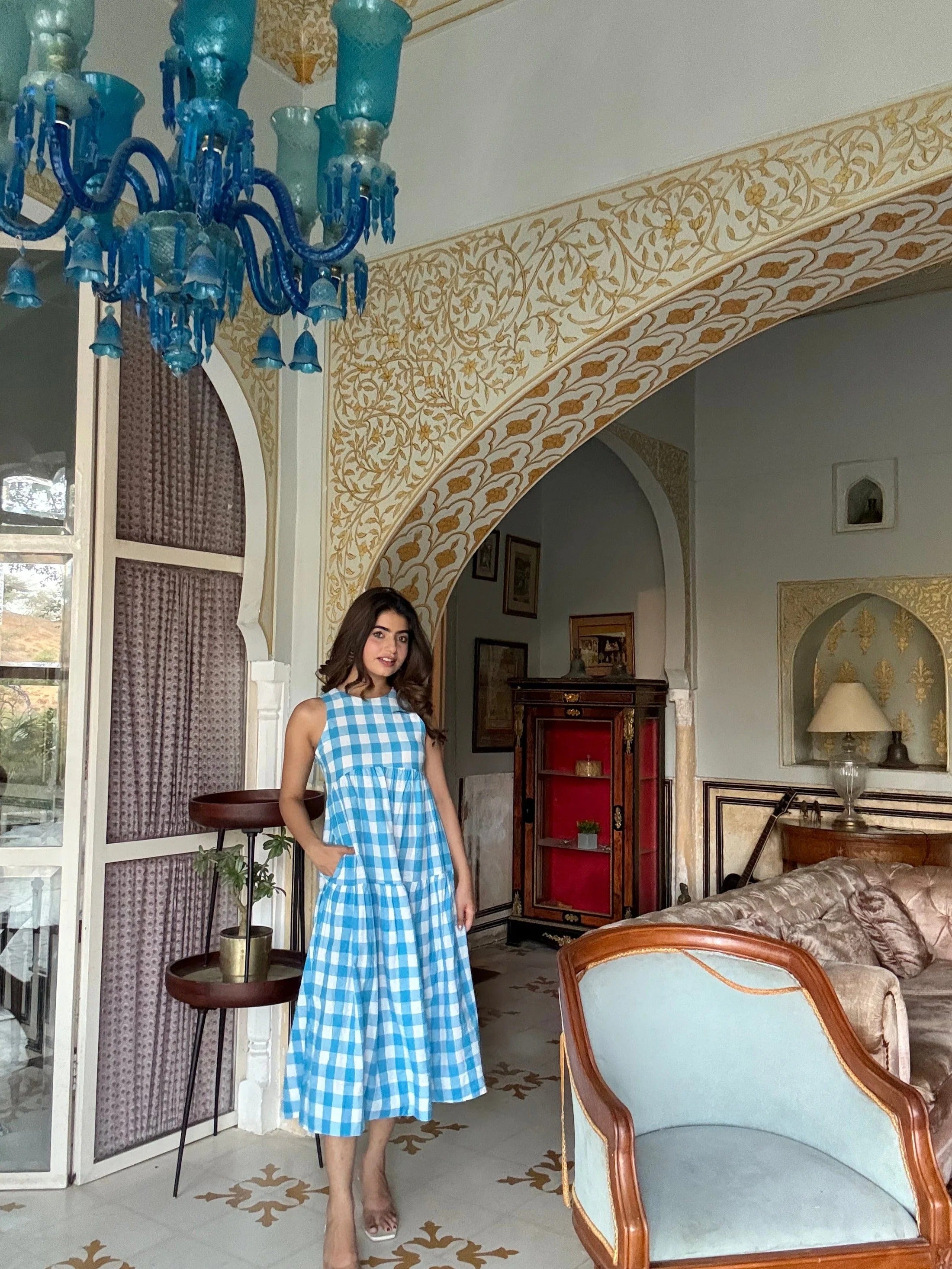 Sugnaa Classic A-Line Gingham Dress - Blue