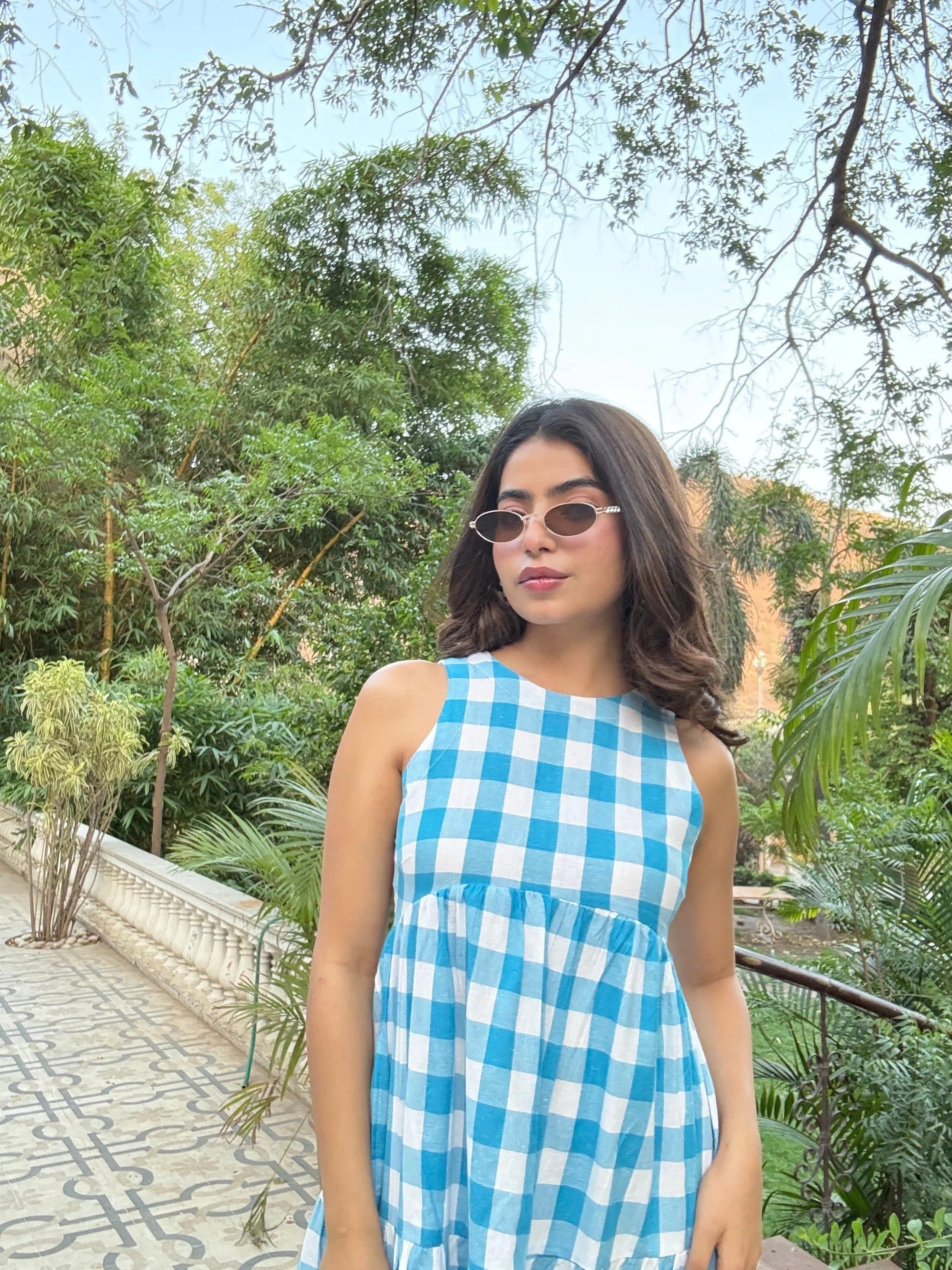 Sugnaa Classic A-Line Gingham Dress - Blue