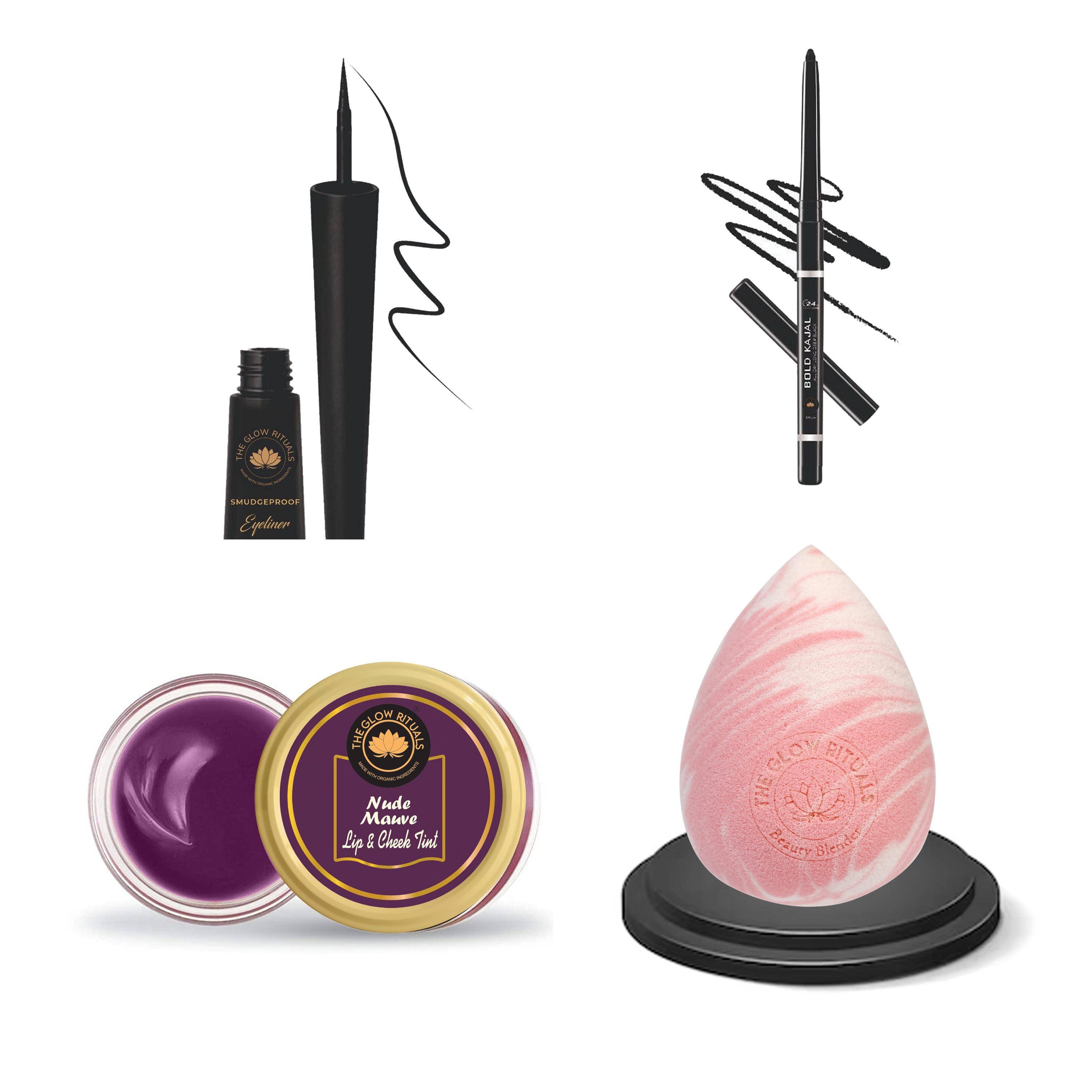 The glow rituals Combo Of Eyeliner, Kajal, Beauty Blender, Nude Mauve Tint
