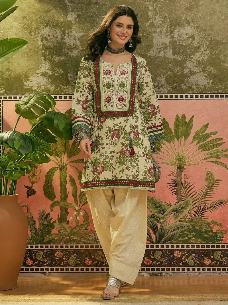 Stylum Women's Red Floral Printed & Embroidered Cotton A-Line Kurti Farshi Salwar Set