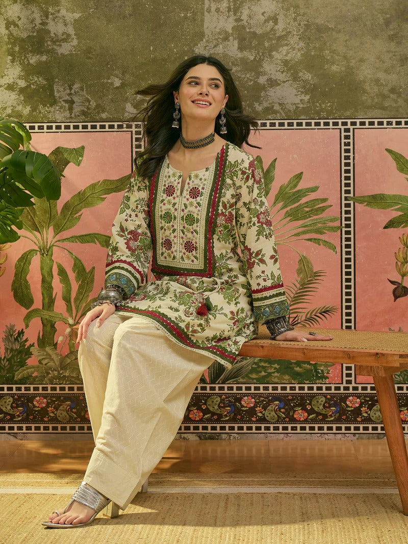 Stylum Women's Red Floral Printed & Embroidered Cotton A-Line Kurti Farshi Salwar Set
