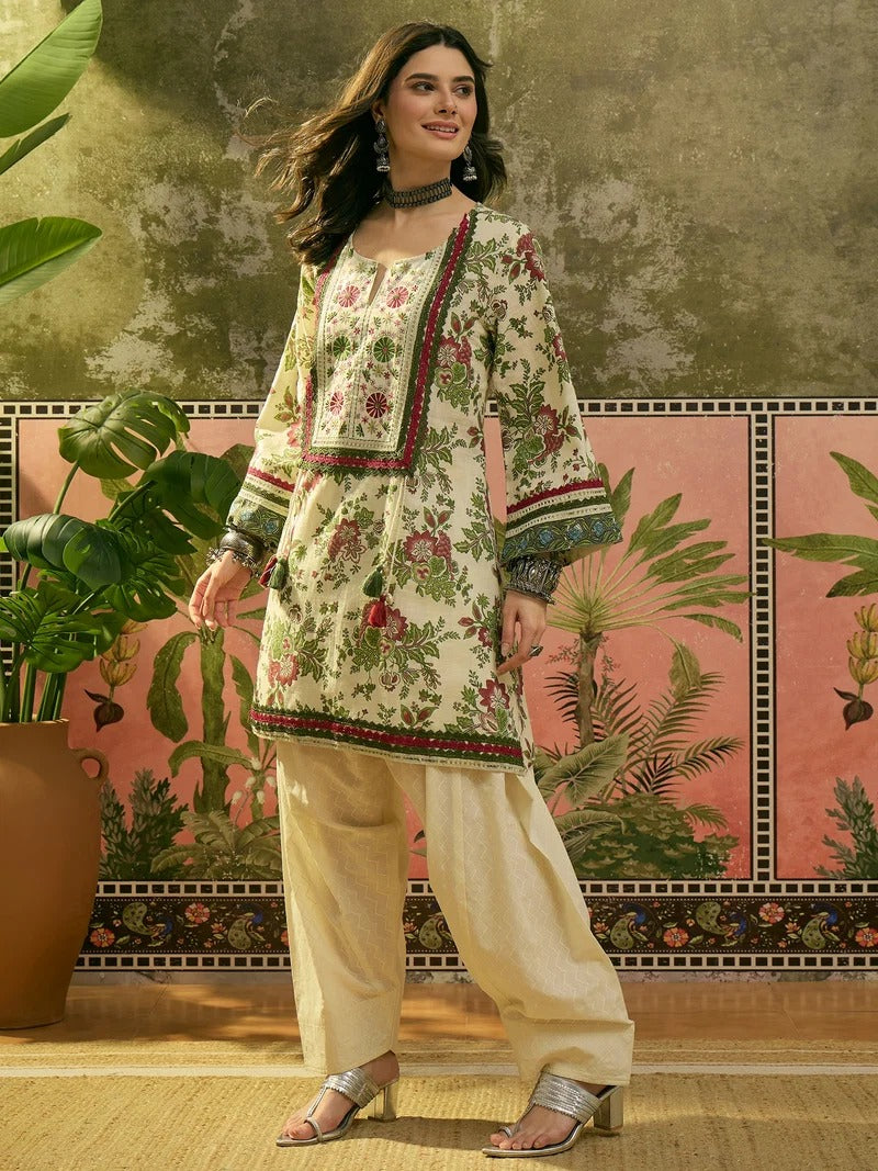 Stylum Women's Red Floral Printed & Embroidered Cotton A-Line Kurti Farshi Salwar Set