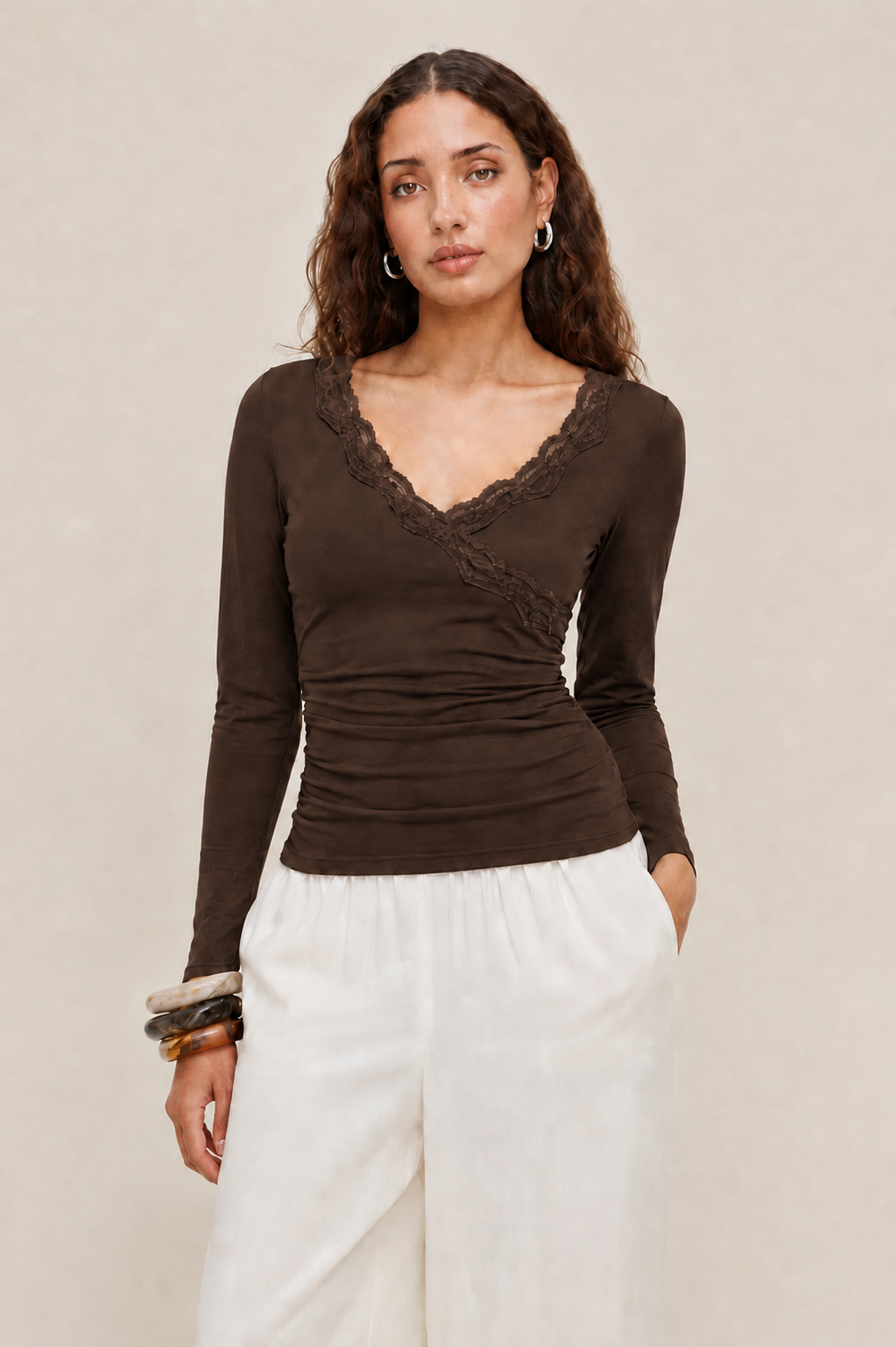 Mywishbag V-Neck Solid Lace Trim Ruched Long Sleeve Top - Polyester Blend