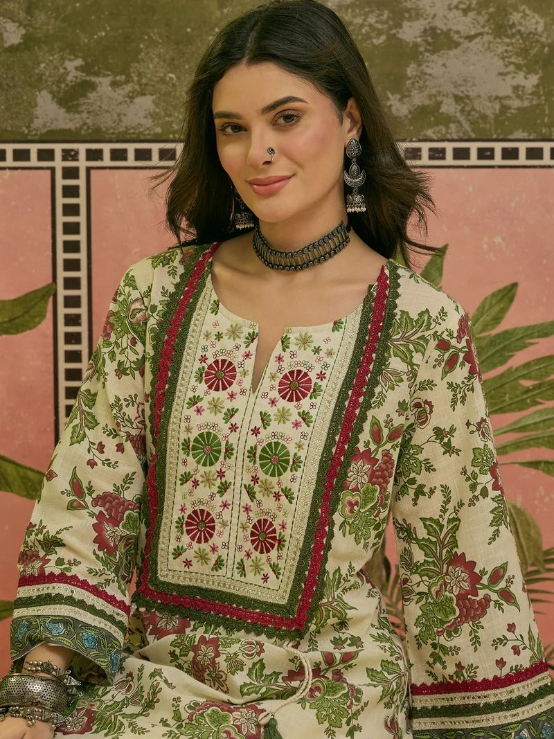 Stylum Women's Red Floral Printed & Embroidered Cotton A-Line Kurti Farshi Salwar Set