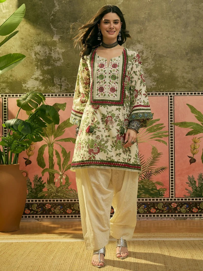 Stylum Women's Red Floral Printed & Embroidered Cotton A-Line Kurti Farshi Salwar Set