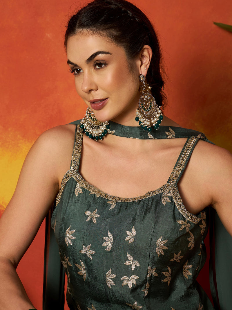 Stylum Women's Green Floral Printed & Embroidered Brocade Straight Kurti Palazzo Dupatta Set