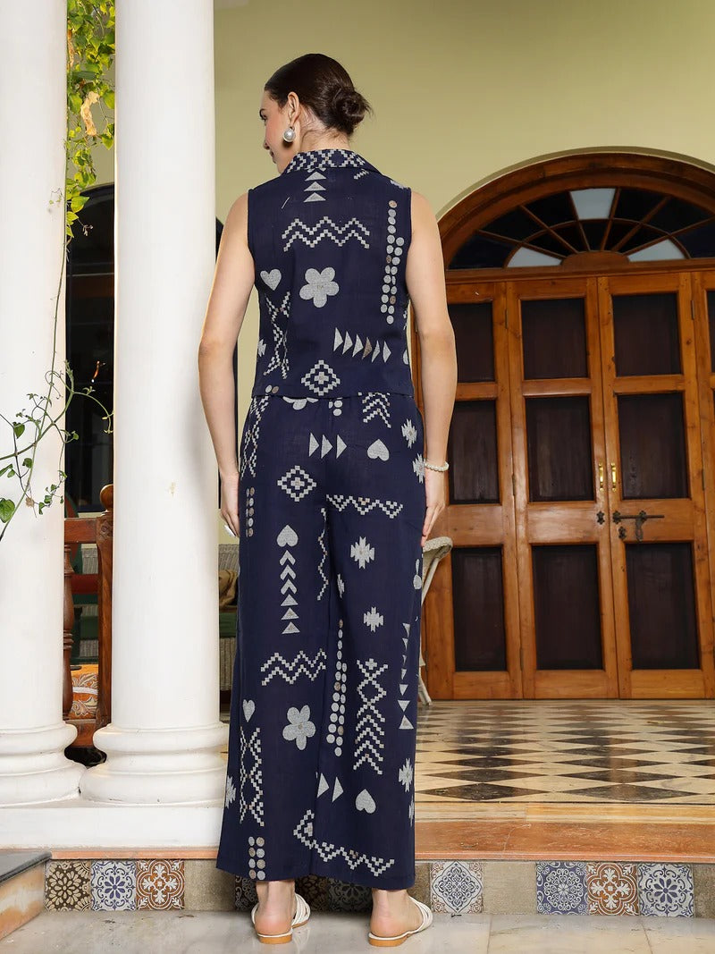 Stylum Women's Blue Geomatric Printed Rayon Slub Co-Ord Set