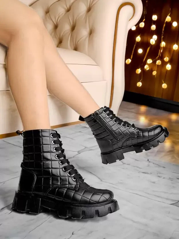 JM Looks Women Quilted Lace-Up Ankle Boots with Chunky Platform Lug Sole - Black