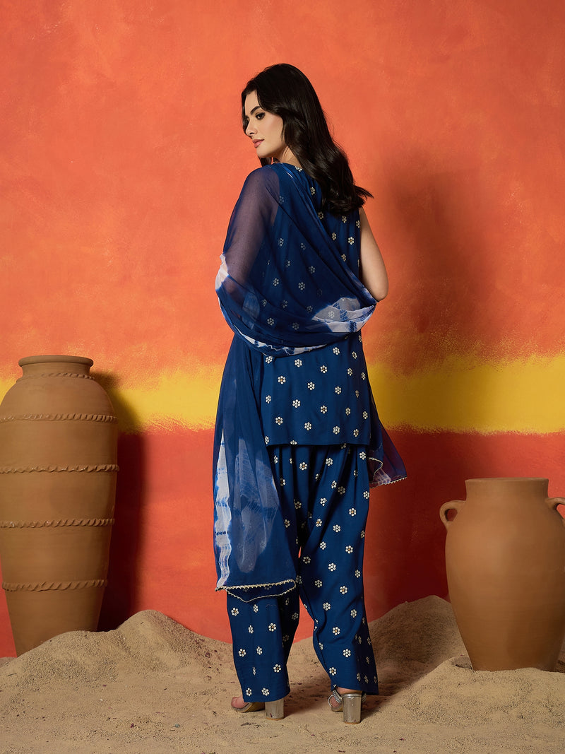 Stylum Women's Blue Floral Printed Rayon Straight Kurti Farshi Salwar Dupatta Set