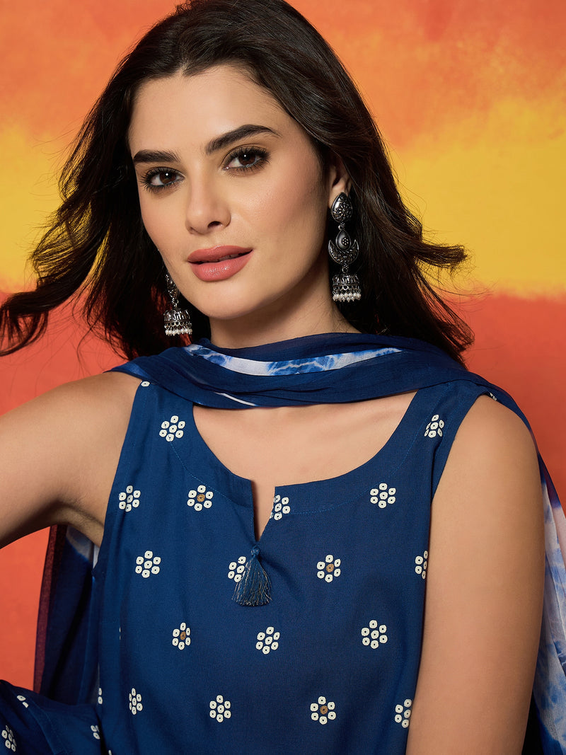 Stylum Women's Blue Floral Printed Rayon Straight Kurti Farshi Salwar Dupatta Set