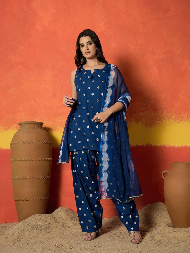 Stylum Women's Blue Floral Printed Rayon Straight Kurti Farshi Salwar Dupatta Set
