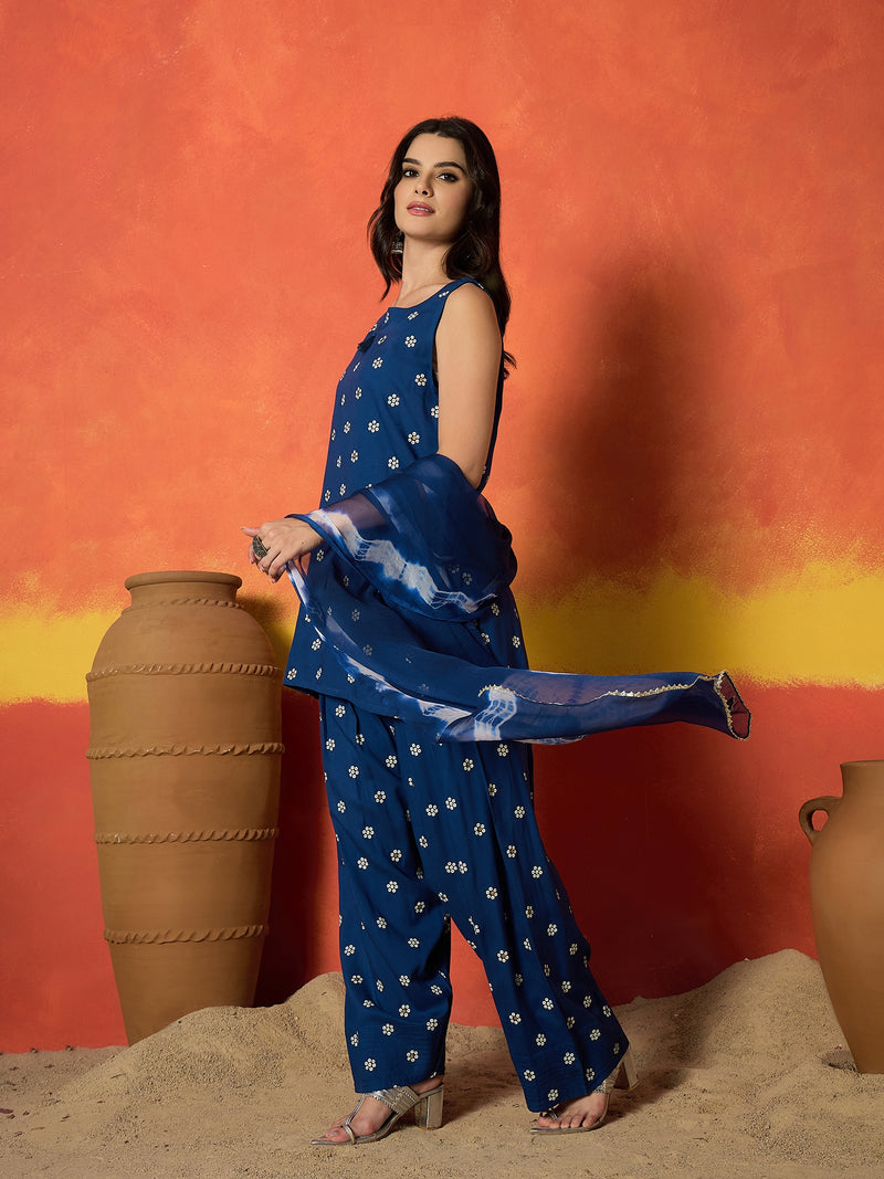 Stylum Women's Blue Floral Printed Rayon Straight Kurti Farshi Salwar Dupatta Set