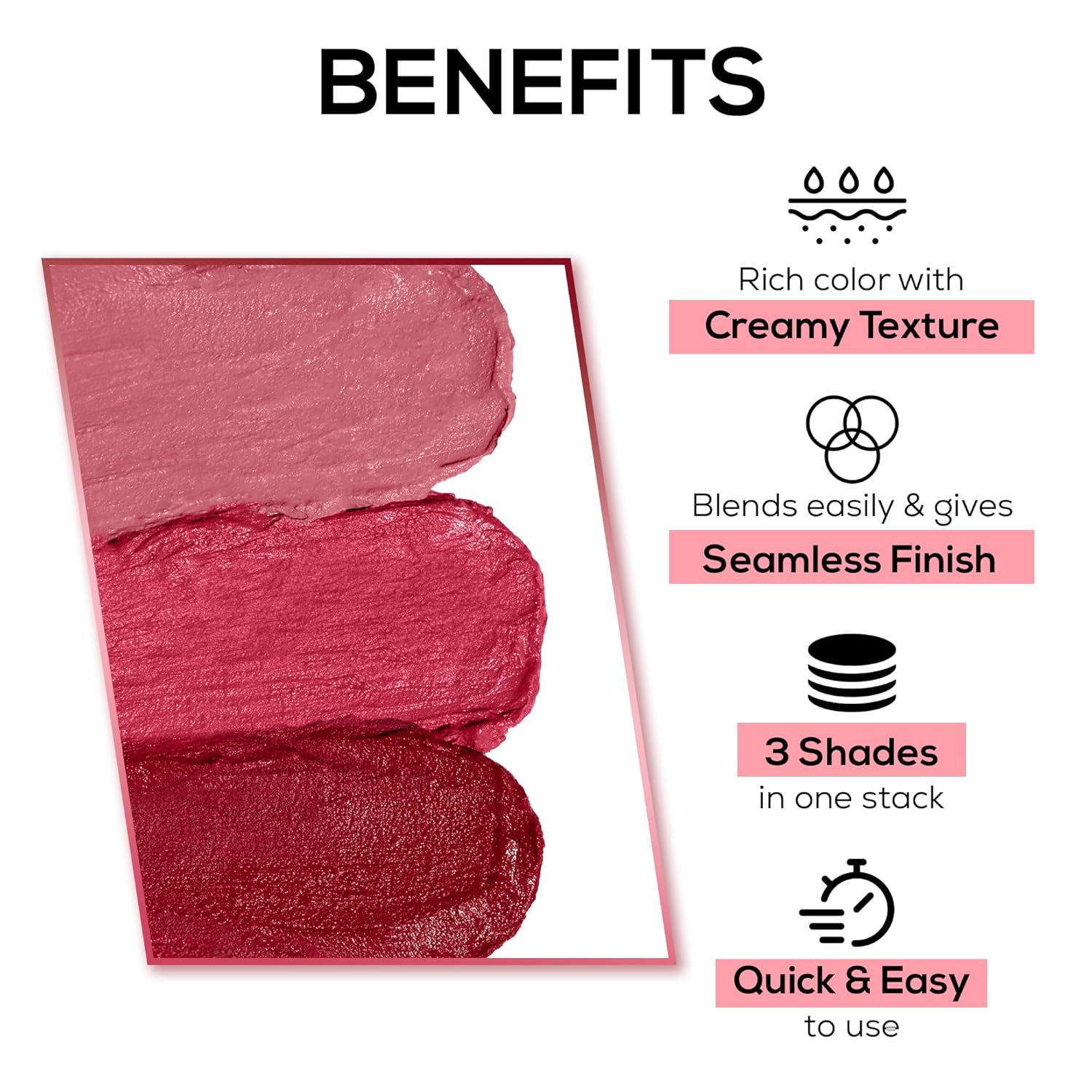 RENEE Glam Stack 3-In-1 Lip & Cheek Tint - Pink 4.5g - 3 Shades in 1, Rich Creamy Natural Seamless Finish, Smooth & Blendable Formula - Travel Friendly, Quick & Easy to Use