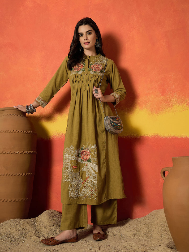 Stylum Women's Solid & Embroidered Cotton Flex A-Line Kurta Palazzo Set