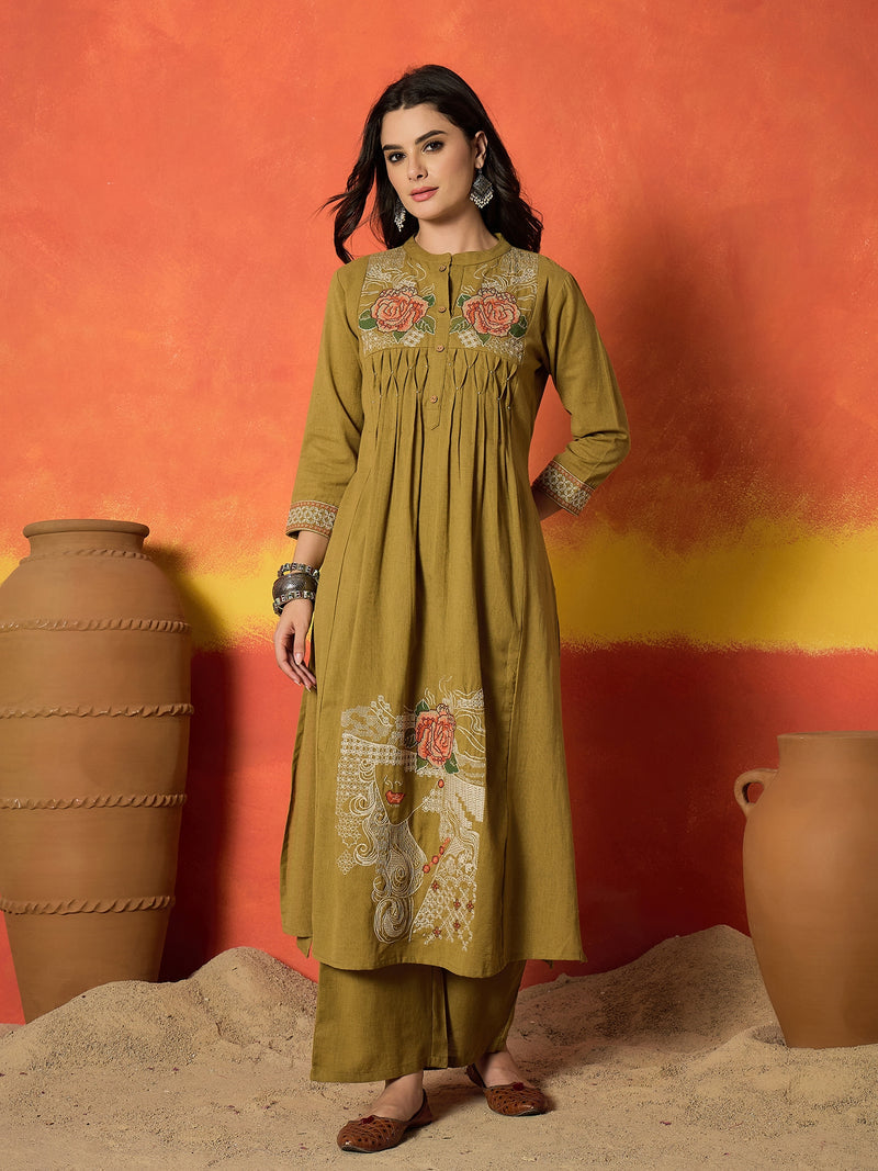 Stylum Women's Solid & Embroidered Cotton Flex A-Line Kurta Palazzo Set