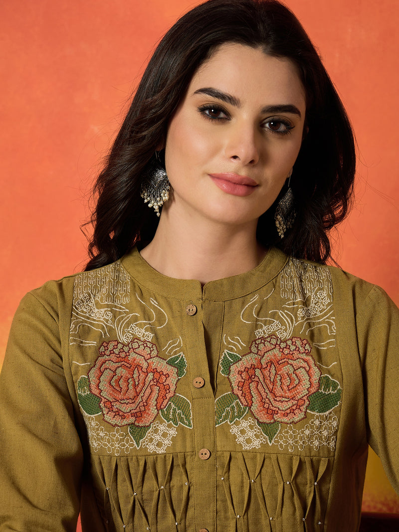 Stylum Women's Solid & Embroidered Cotton Flex A-Line Kurta Palazzo Set