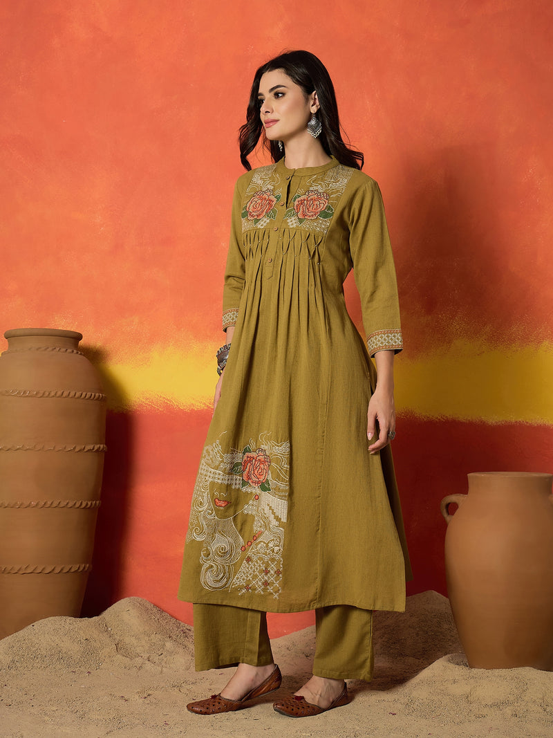 Stylum Women's Solid & Embroidered Cotton Flex A-Line Kurta Palazzo Set