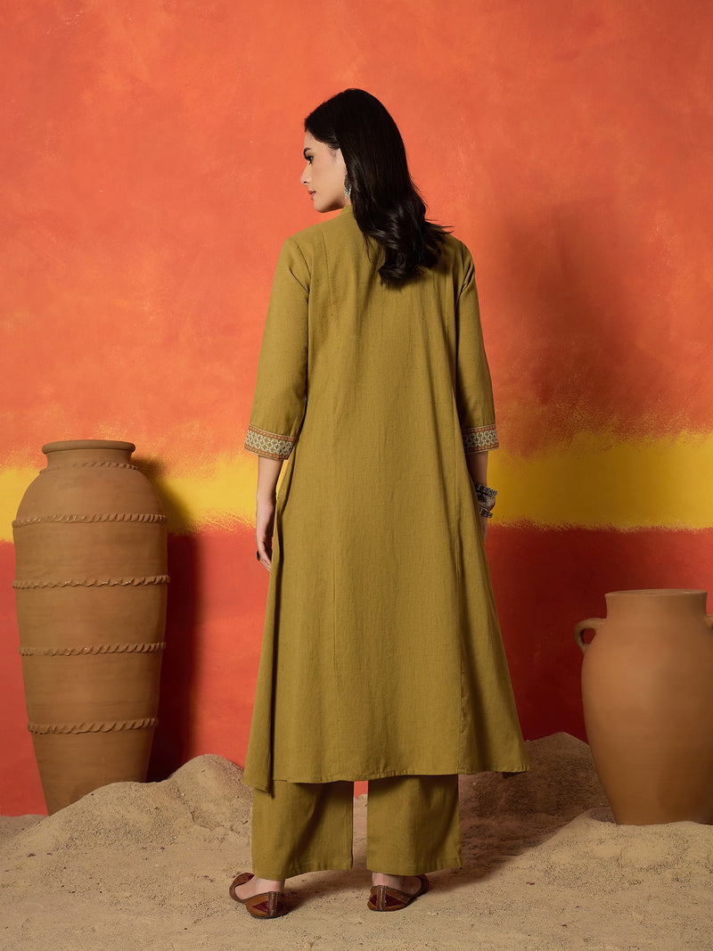 Stylum Women's Solid & Embroidered Cotton Flex A-Line Kurta Palazzo Set