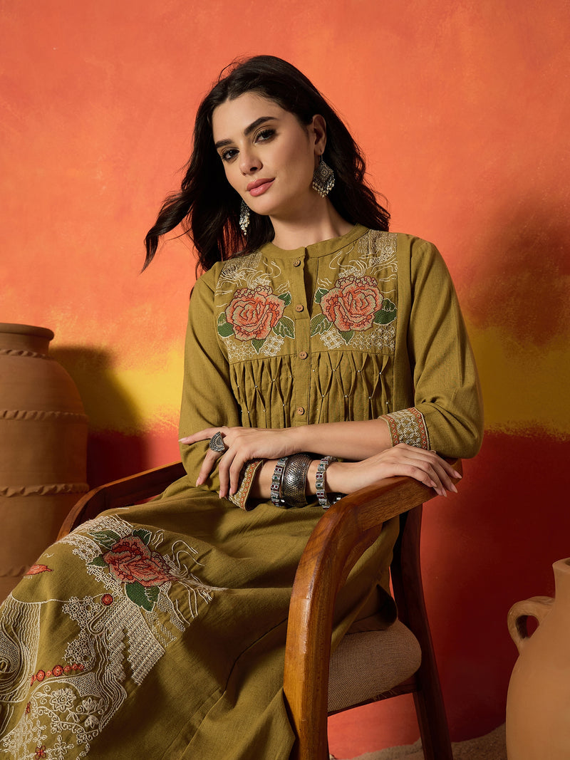 Stylum Women's Solid & Embroidered Cotton Flex A-Line Kurta Palazzo Set