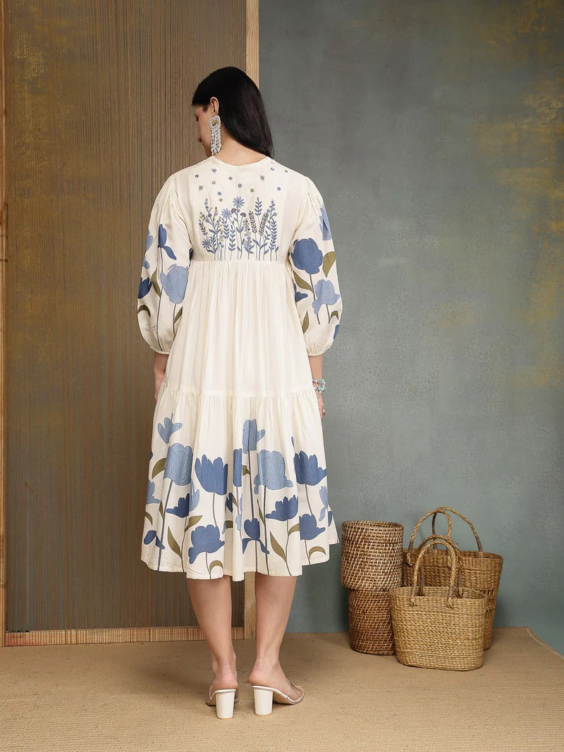 Stylum Women's Blue Floral Printed & Embroidered Cotton Tiered Dress