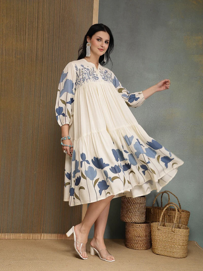 Stylum Women's Blue Floral Printed & Embroidered Cotton Tiered Dress